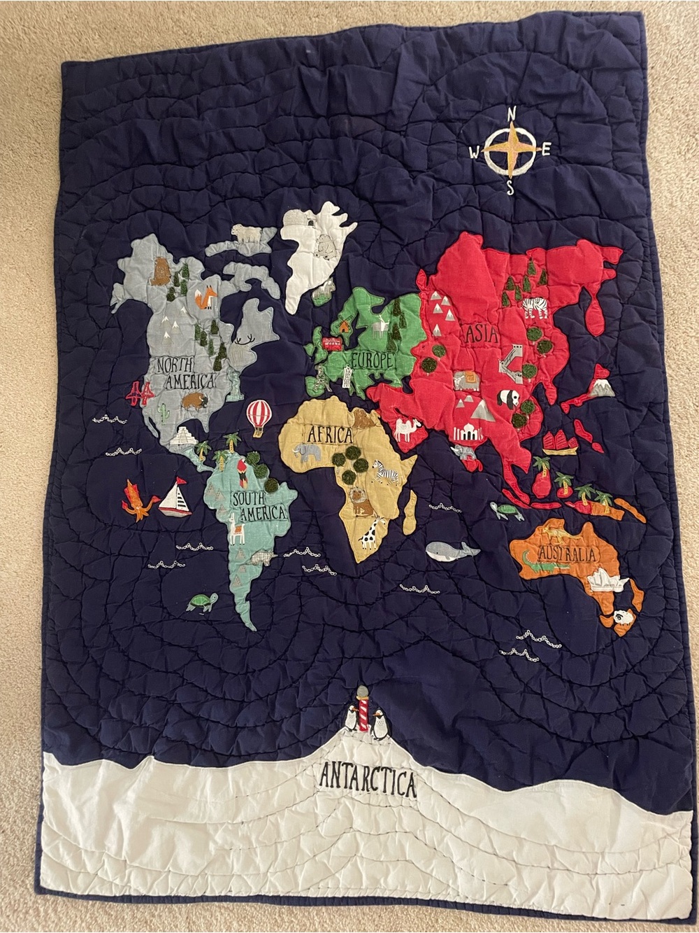 Pottery Barn Kids Navy Quilted World Map Throw with Multicolor Continents